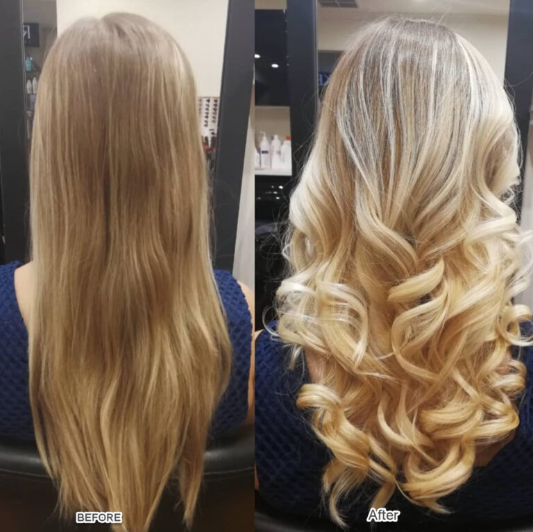 Balayage colour result with long blonde curls at Jacob’s Hair & Beauty