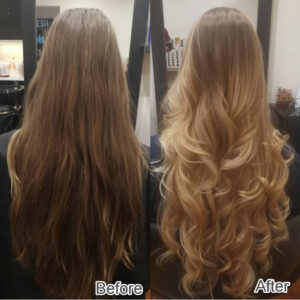 Warm blonde long-hair curls after salon styling at Jacob’s Hair & Beauty