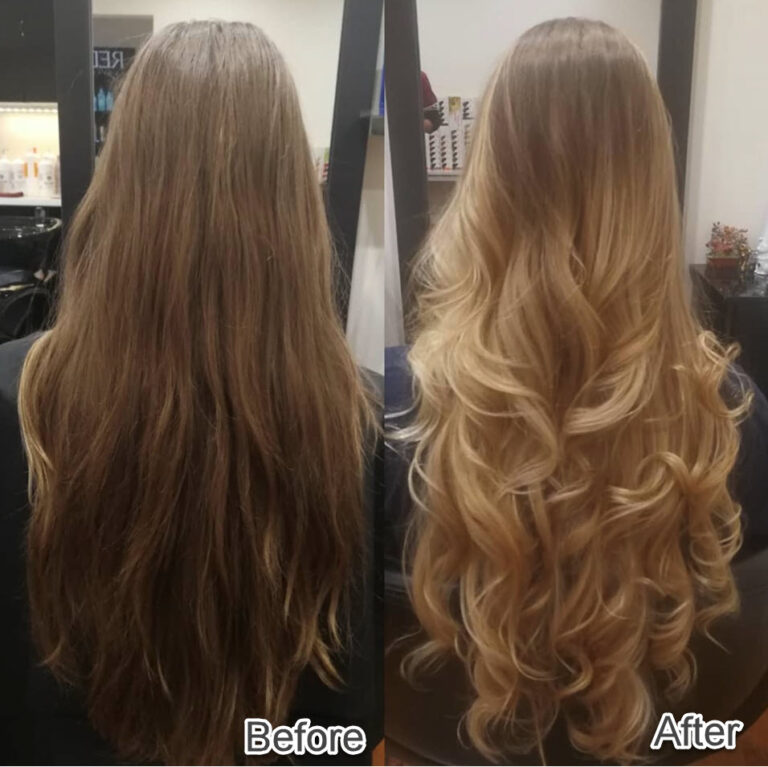 Warm blonde long-hair curls after salon styling at Jacob’s Hair & Beauty
